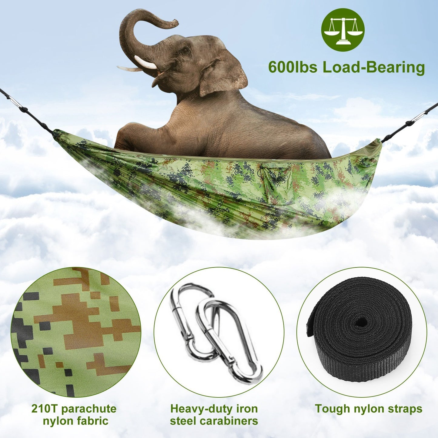 1Pc 600lbs Load 2 Persons Hammock With Mosquito Net Outdoor Hiking Camping Hommock Portable Nylon Swing Hanging Bed With Strap Hook Carry Bag