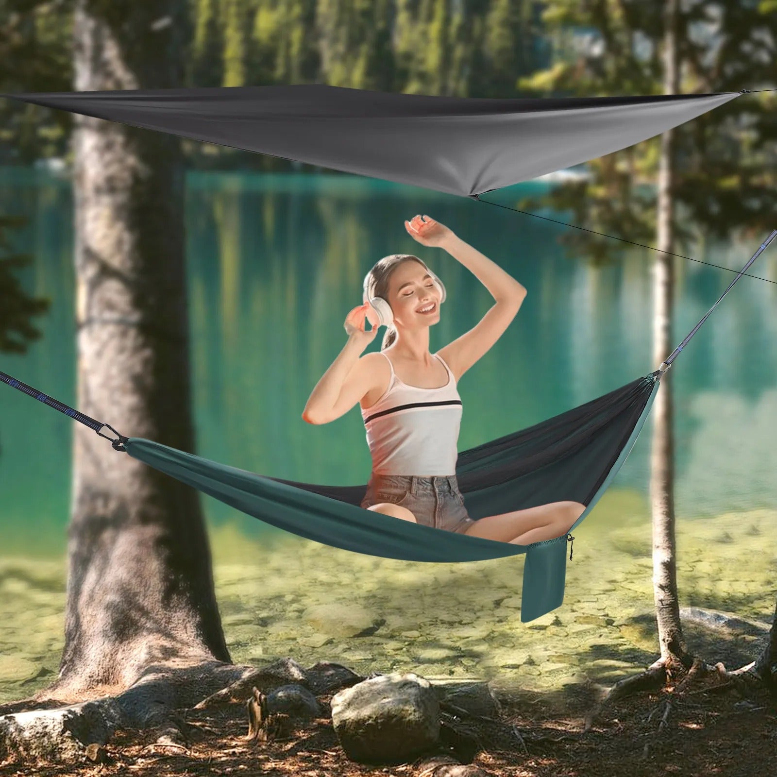 2-in-1 Camping Hammock with Waterproof Tarp & Mosquito Net 440lbs Capacity Lightweight Hammock for Backpacking Travel